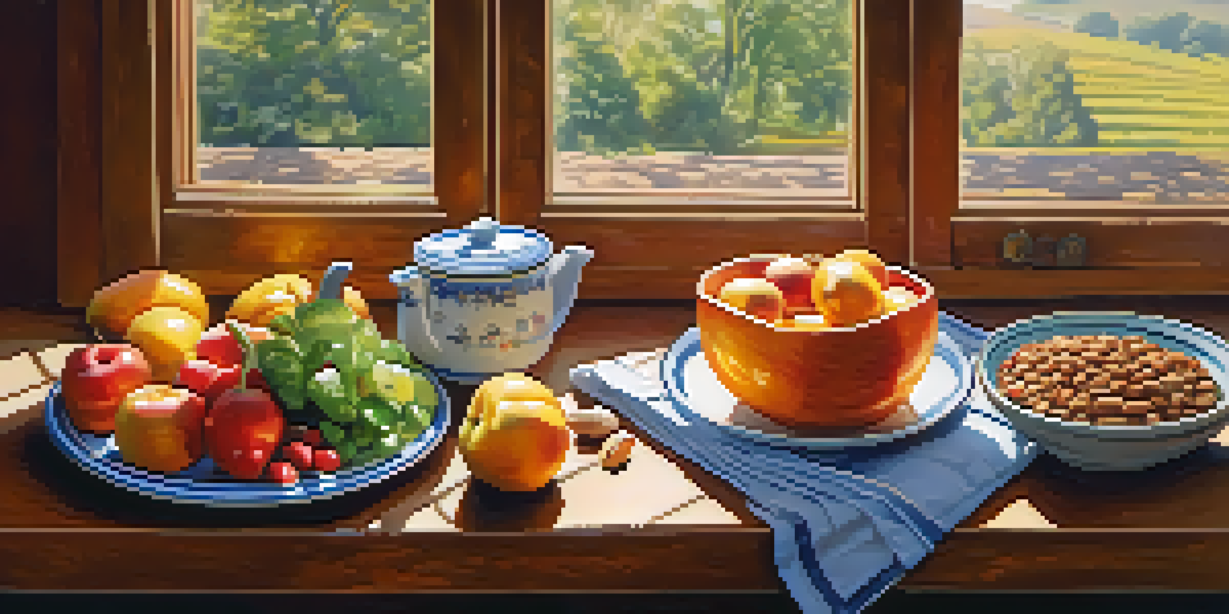 A bright kitchen with a wooden table full of fresh fruits, vegetables, and whole grains, illuminated by sunlight.