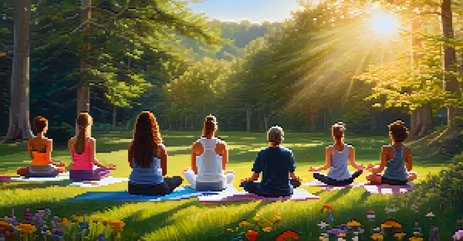 A group practicing yoga outdoors at sunrise in a serene natural setting.