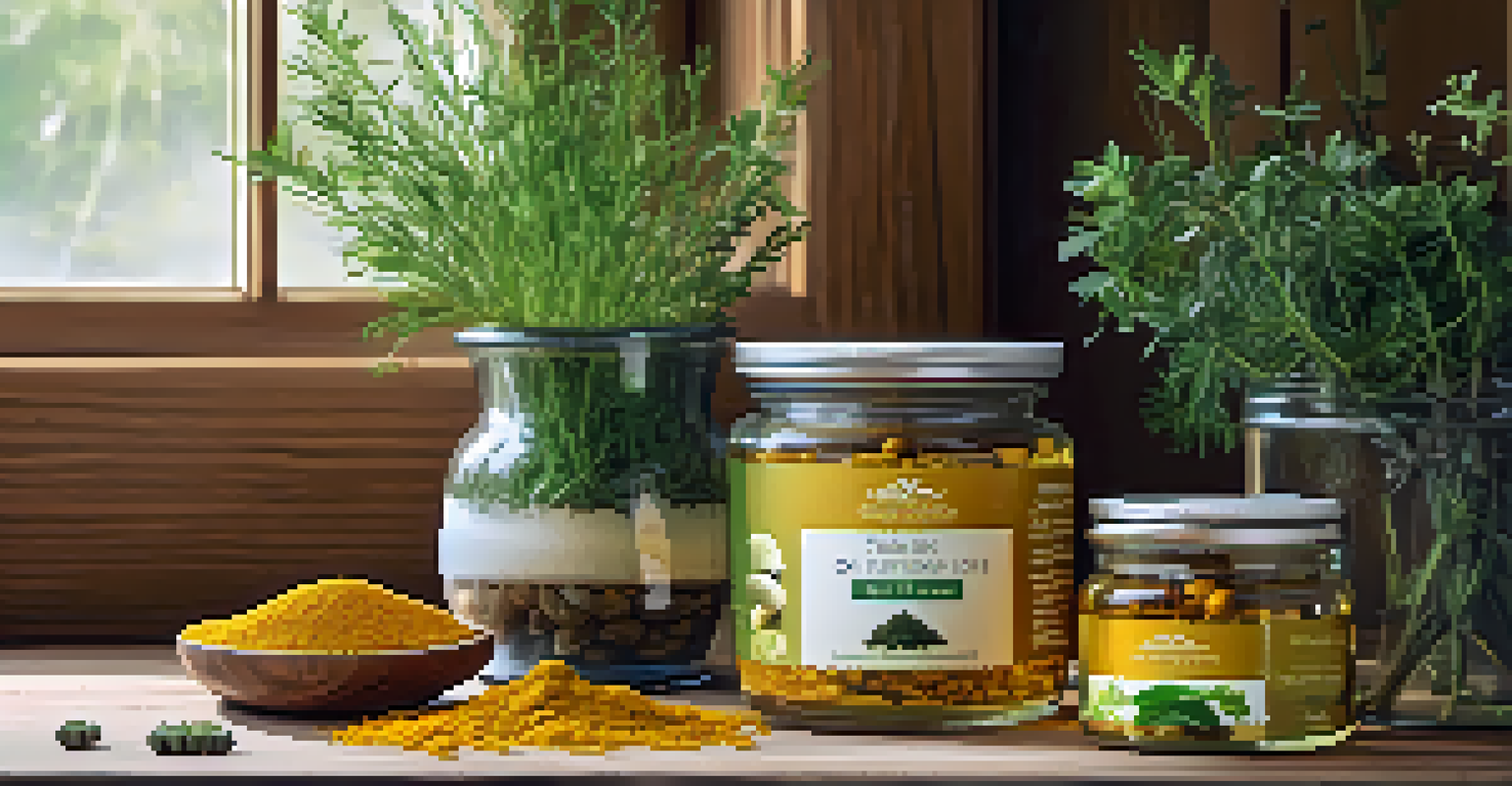 A display of herbal supplements, including turmeric and omega-3 capsules, on a wooden countertop with fresh herbs.