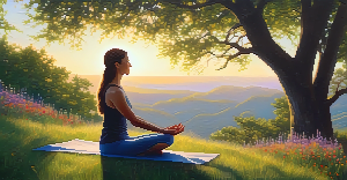 A person doing yoga on a grassy hillside at sunrise, surrounded by trees and wildflowers, showcasing a peaceful and serene atmosphere.