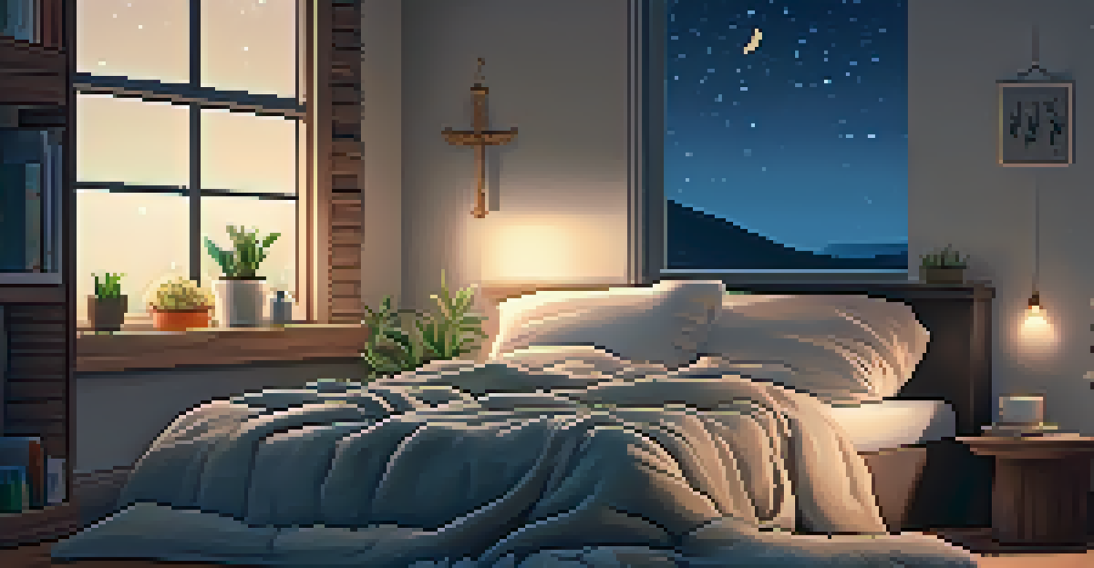 A cozy bedroom with a neatly made bed and soft lighting, creating a calming atmosphere.
