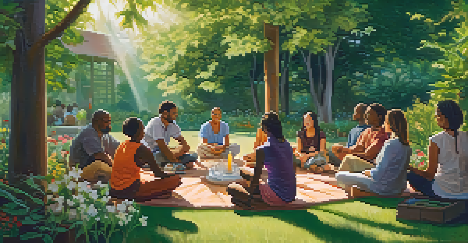 A diverse group of people sitting in a circle outdoors, sharing their spiritual experiences in a natural setting.