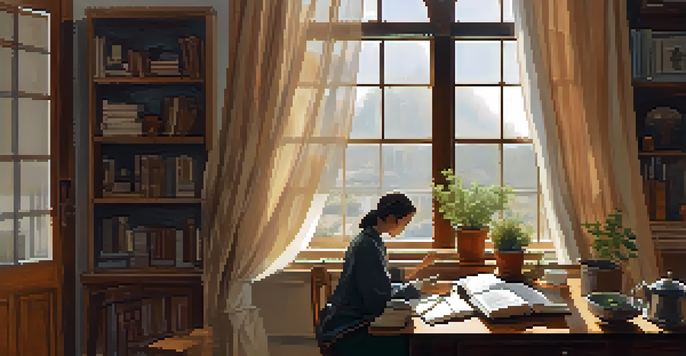 A person journaling at a wooden desk in a cozy indoor space with natural light, a plant, and a cup of tea.