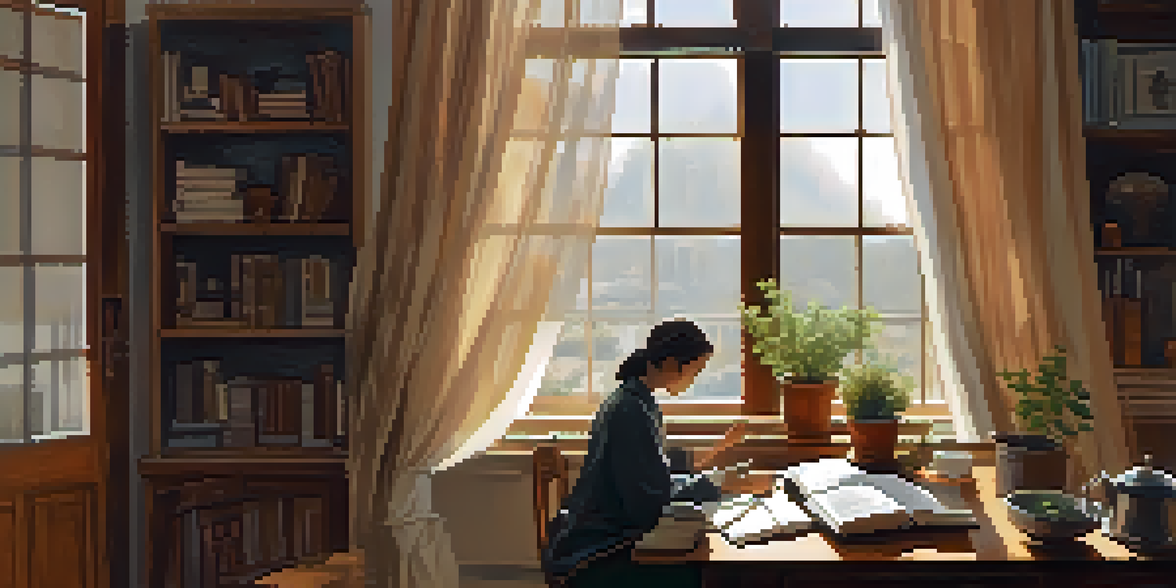 A person journaling at a wooden desk in a cozy indoor space with natural light, a plant, and a cup of tea.