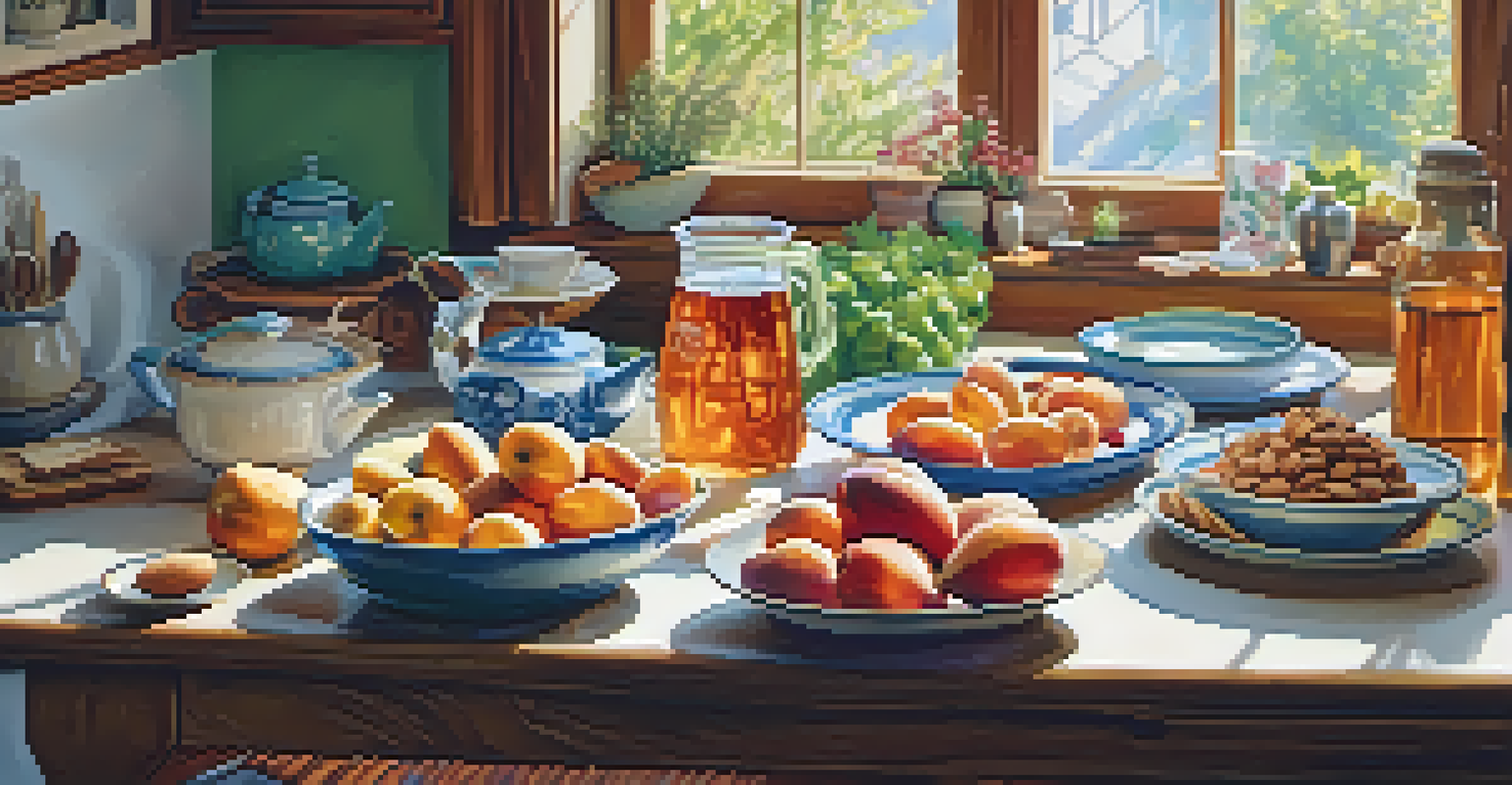 A kitchen table filled with healthy foods like almonds and turkey, illuminated by sunlight, promoting better sleep.