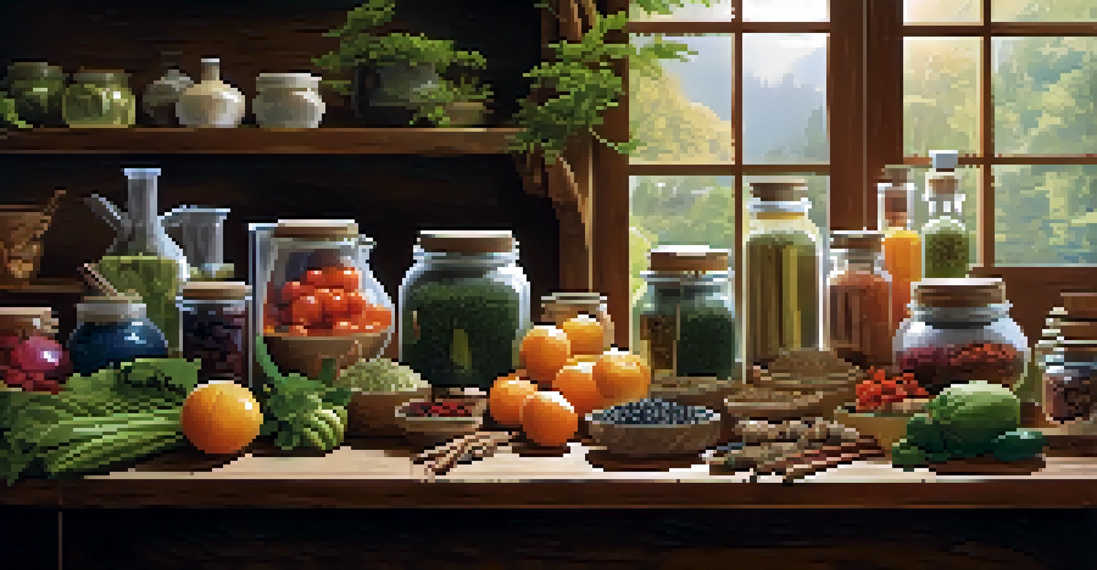 A cozy kitchen with colorful fruits, vegetables, and jars of herbs arranged on a wooden table, illuminated by warm light.