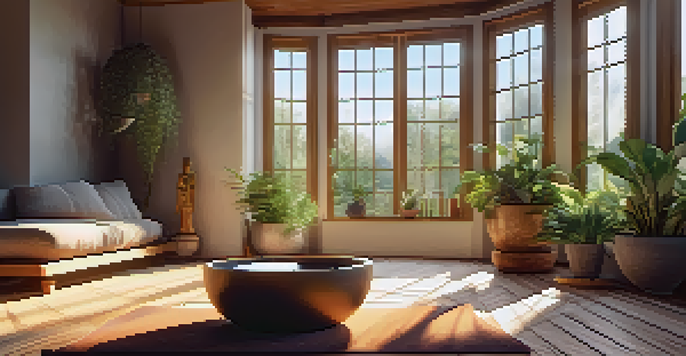 A cozy meditation corner with cushions and a crystal singing bowl, illuminated by sunlight through a window, surrounded by plants.