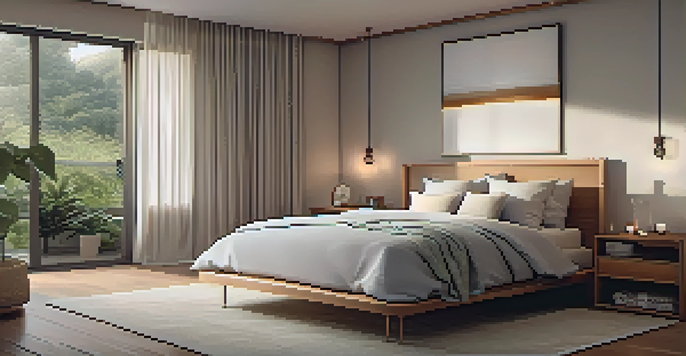 A peaceful bedroom with a cozy bed, blackout curtains, and an essential oil diffuser, promoting a calm sleep environment.