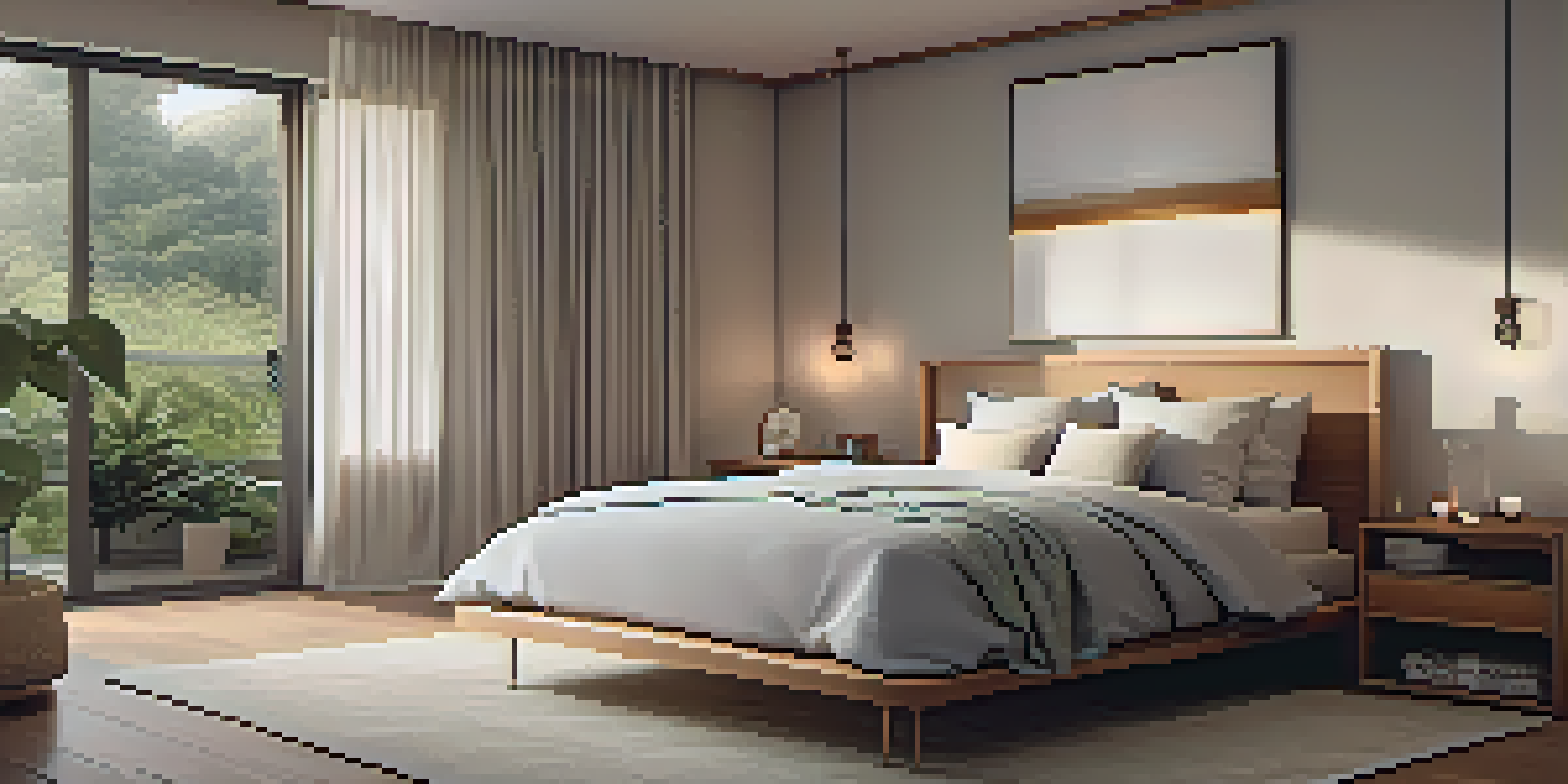 A peaceful bedroom with a cozy bed, blackout curtains, and an essential oil diffuser, promoting a calm sleep environment.