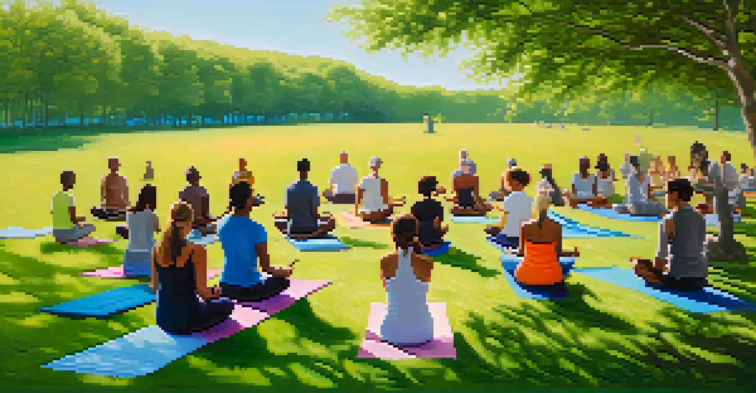 A group of people practicing yoga and meditation in a sunny, green outdoor environment.