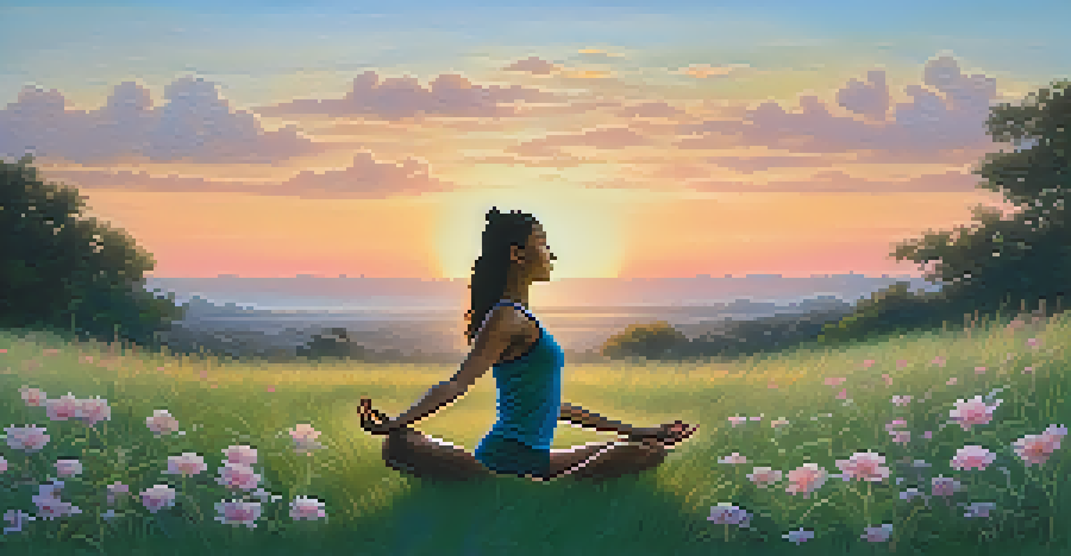 A person practicing yoga outdoors in a serene sunrise setting surrounded by flowers.
