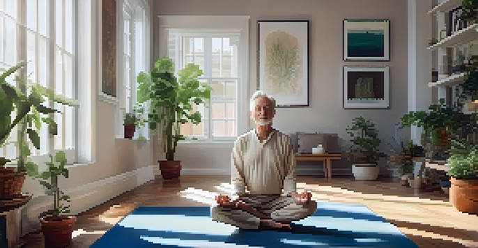 An elderly man in a yoga pose in a bright living room filled with plants, radiating tranquility and flexibility.