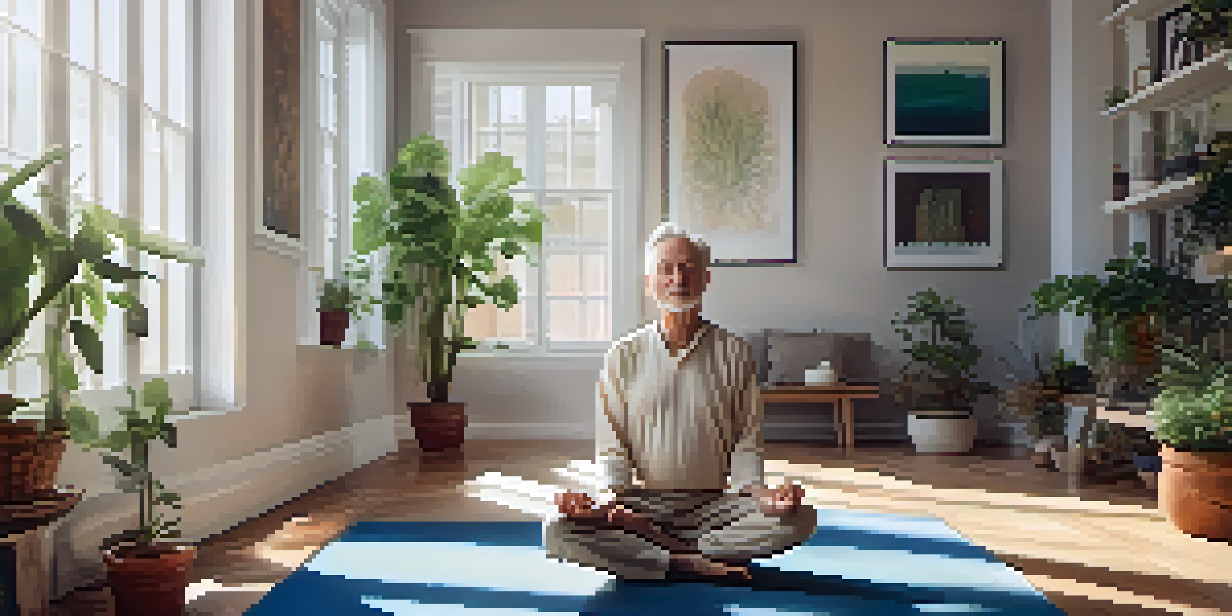 An elderly man in a yoga pose in a bright living room filled with plants, radiating tranquility and flexibility.