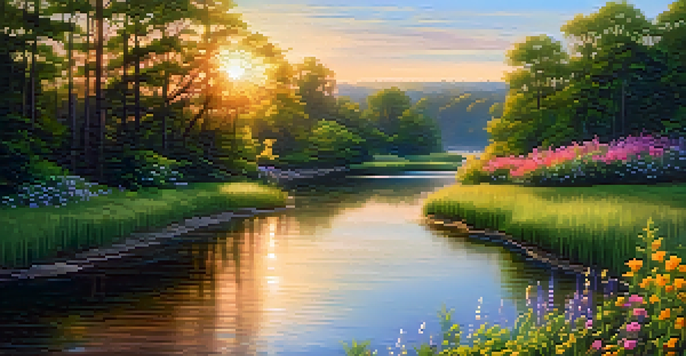A tranquil nature scene with a flowing river, lush green trees, and colorful wildflowers under a sunset sky.
