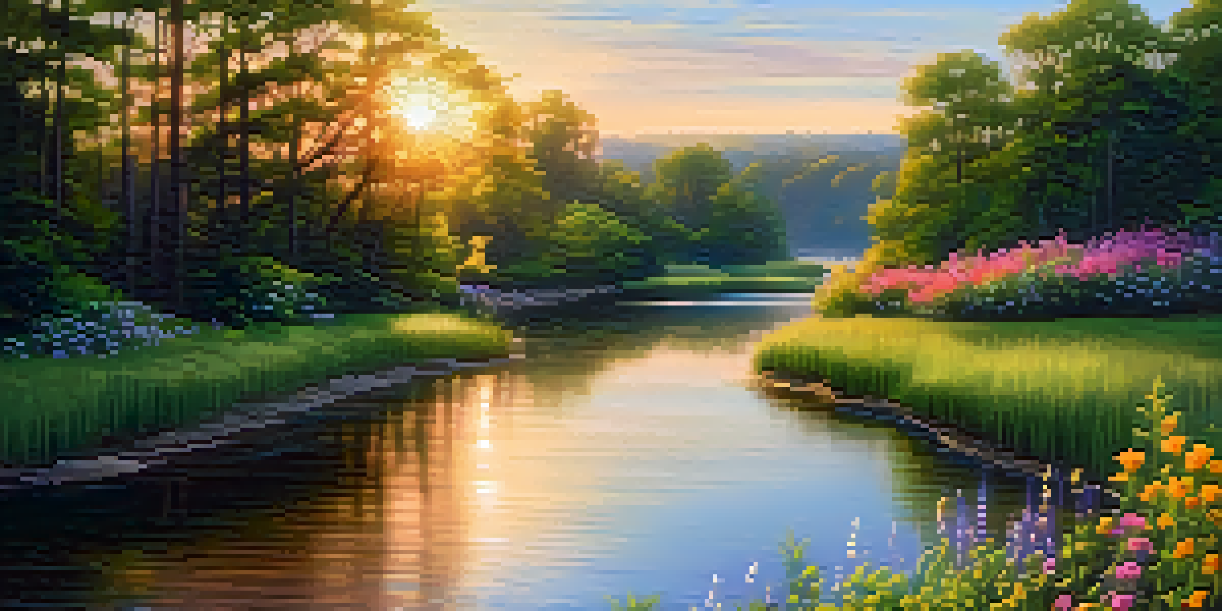 A tranquil nature scene with a flowing river, lush green trees, and colorful wildflowers under a sunset sky.