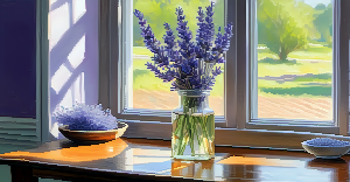 A peaceful scene with a diffuser and lavender flowers, illuminated by soft morning light.