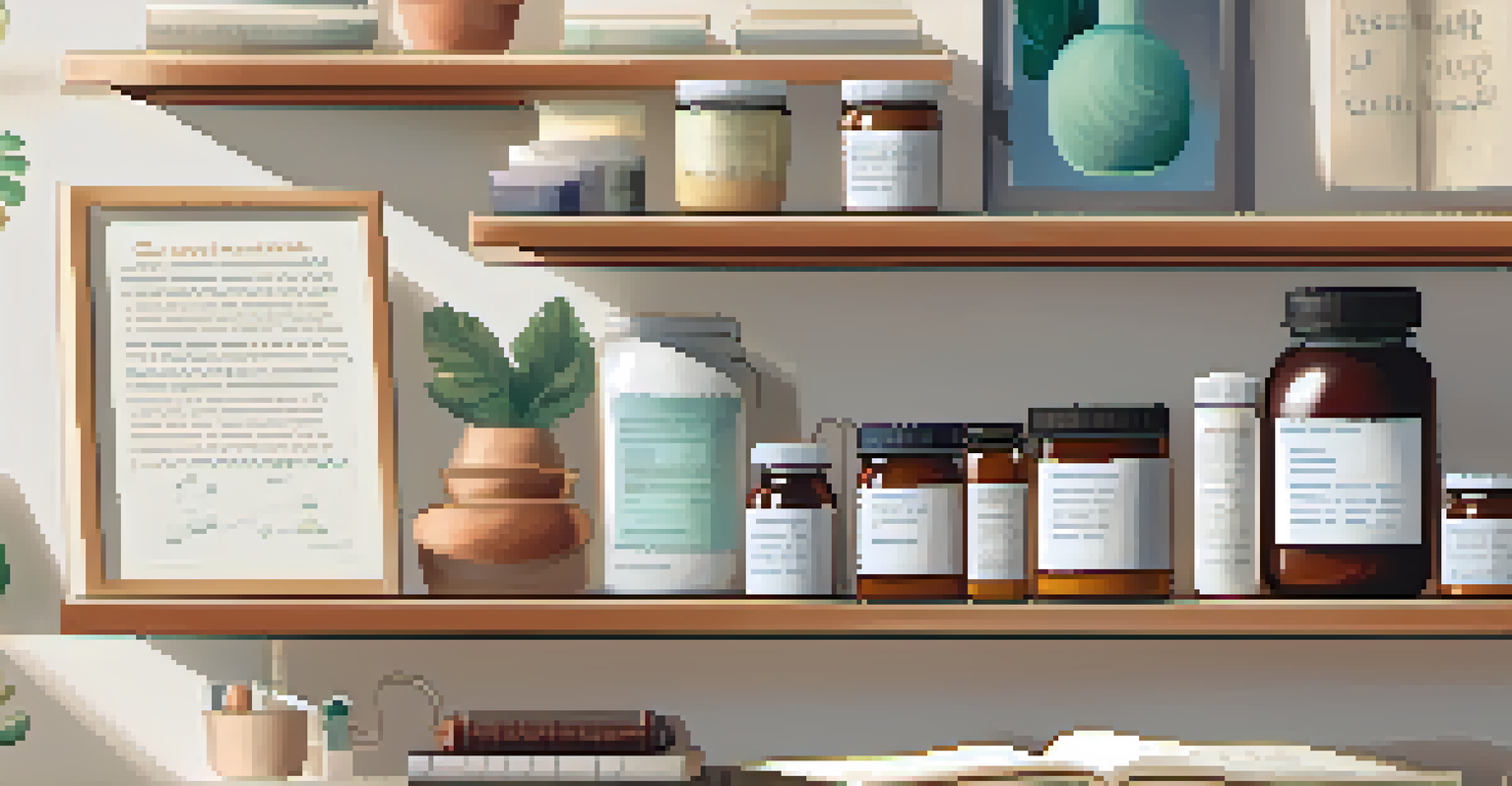 A wellness shelf with probiotic supplements, a plant, and a notebook about gut health.
