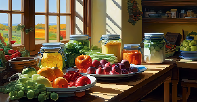 A bright kitchen with a wooden table filled with fresh fruits, vegetables, and jars of fermented foods, illuminated by warm sunlight.