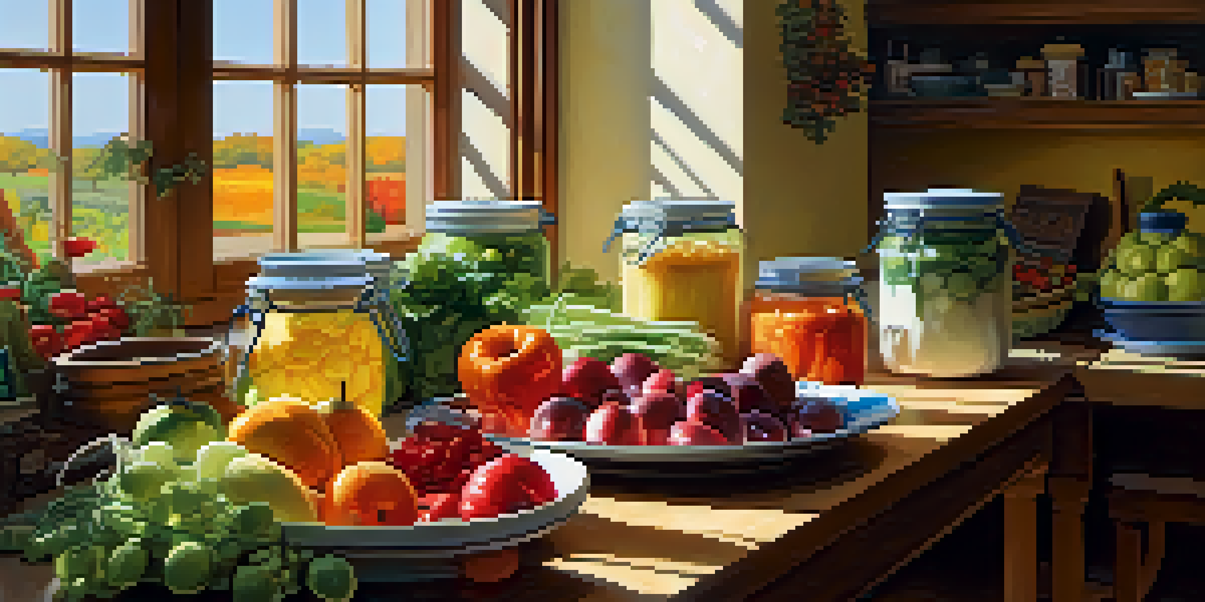 A bright kitchen with a wooden table filled with fresh fruits, vegetables, and jars of fermented foods, illuminated by warm sunlight.