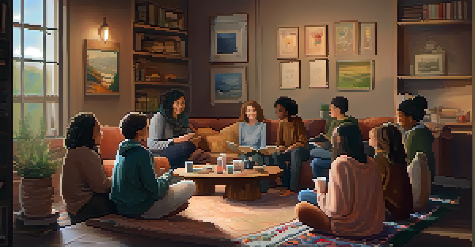 A storytelling circle where participants share their health journeys in a cozy and inviting setting.