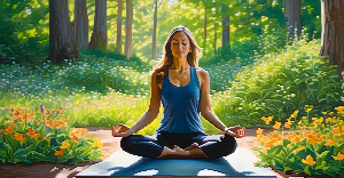 A person practicing yoga in a peaceful park setting, surrounded by greenery and flowers, with sunlight filtering through the trees.