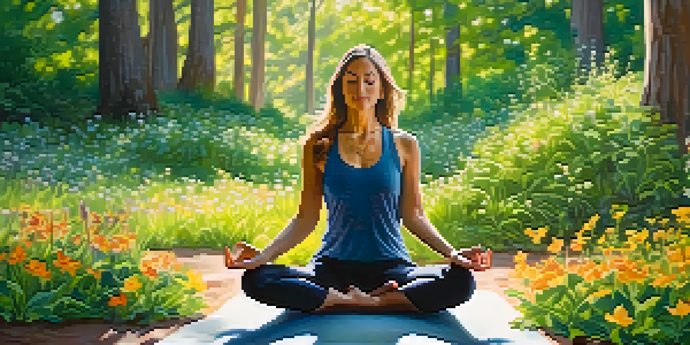 A person practicing yoga in a peaceful park setting, surrounded by greenery and flowers, with sunlight filtering through the trees.