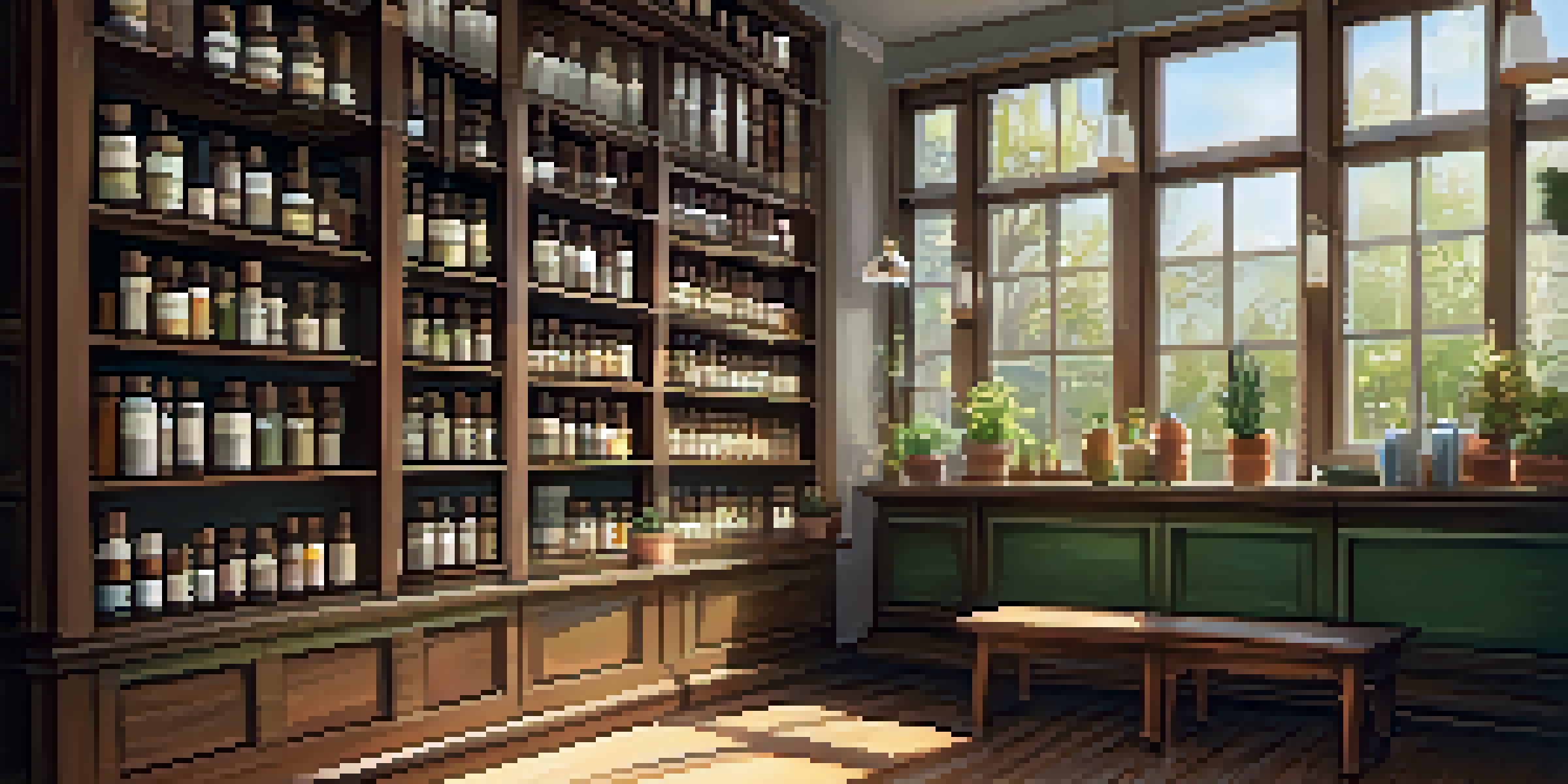 A calming homeopathic clinic with wooden shelves of glass vials, potted plants, and a cozy seating area illuminated by natural light.