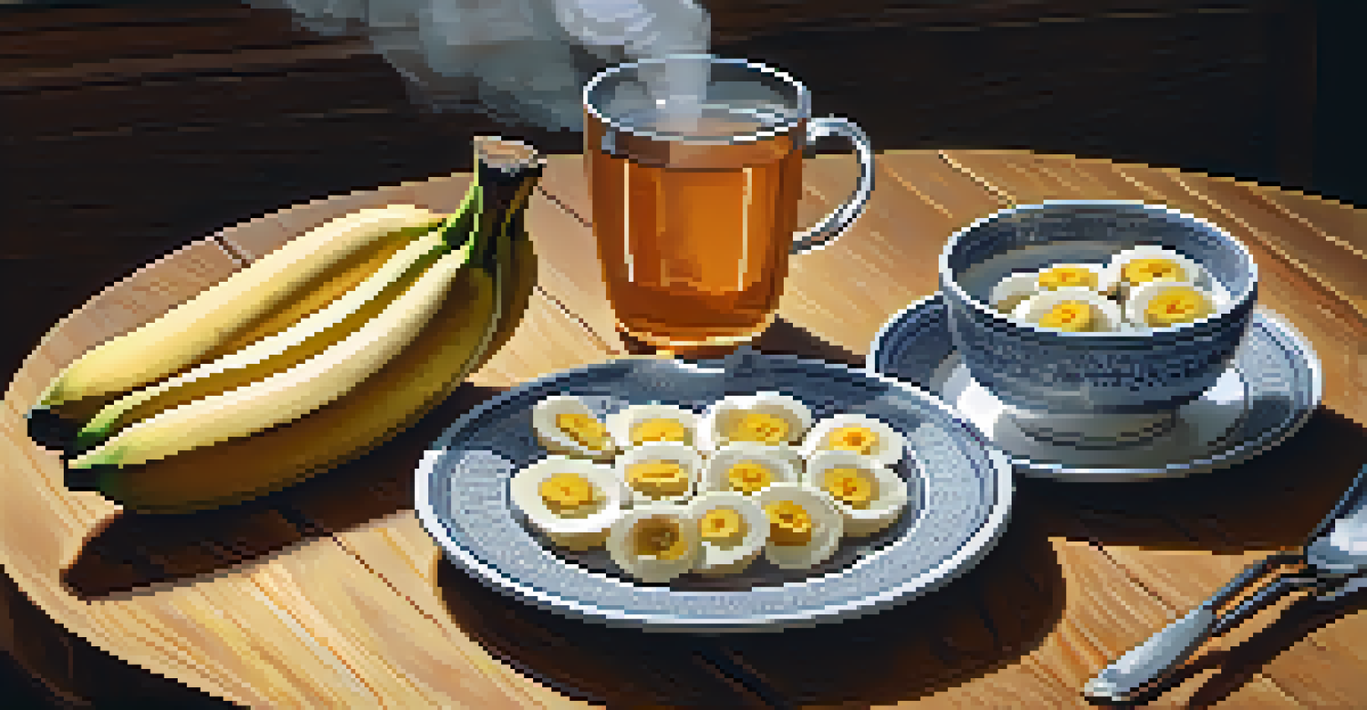 A plate of sleep-friendly foods including bananas, almonds, and chamomile tea on a wooden table, promoting healthy eating for better sleep.