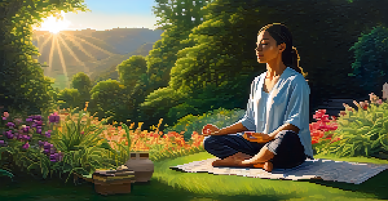 A person meditating in a lush green environment during sunset, surrounded by flowers.