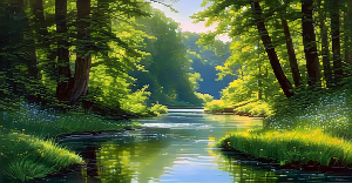 A peaceful river scene with greenery and flowers, emphasizing the beauty and importance of water in nature.