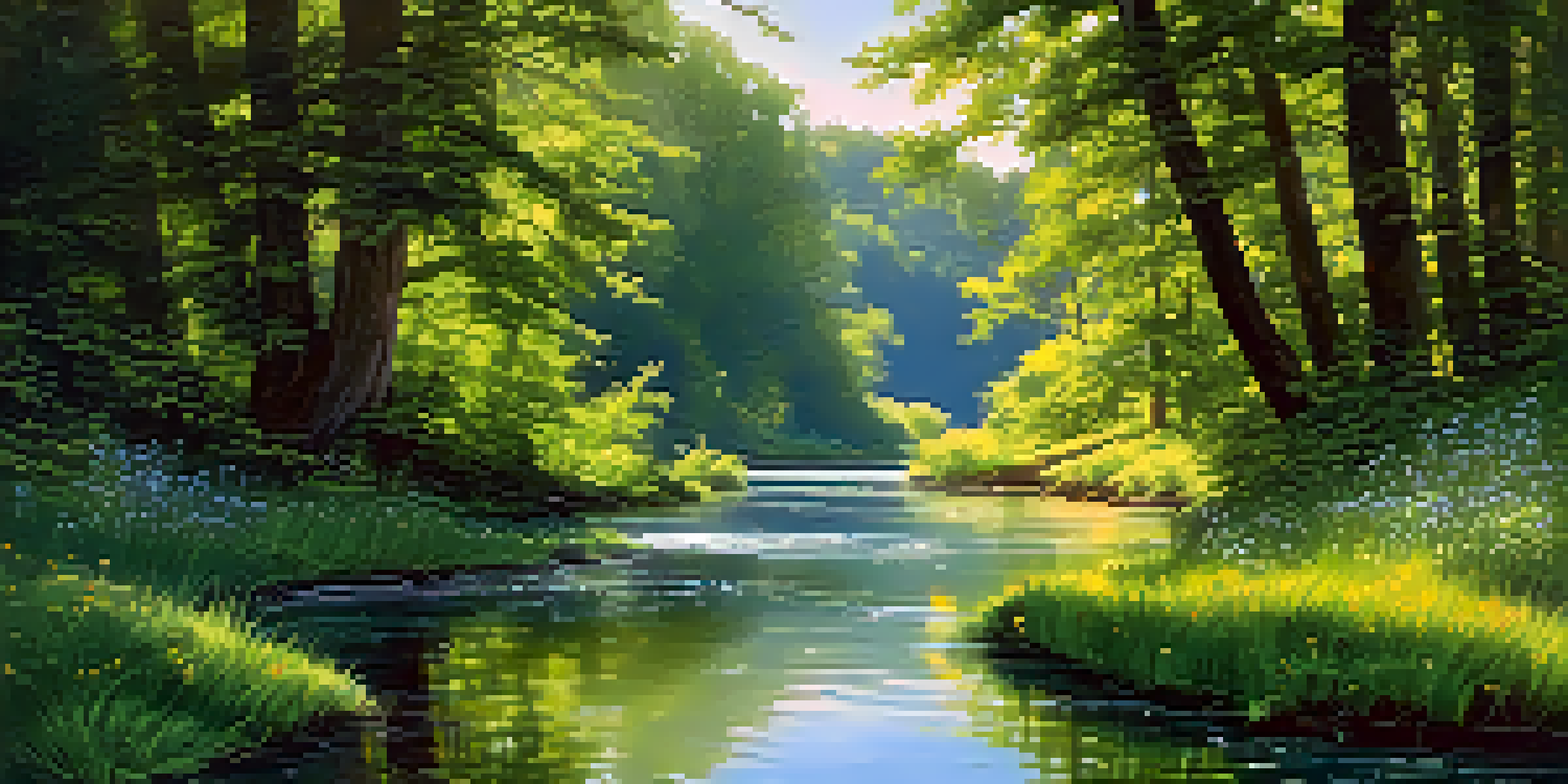 A peaceful river scene with greenery and flowers, emphasizing the beauty and importance of water in nature.