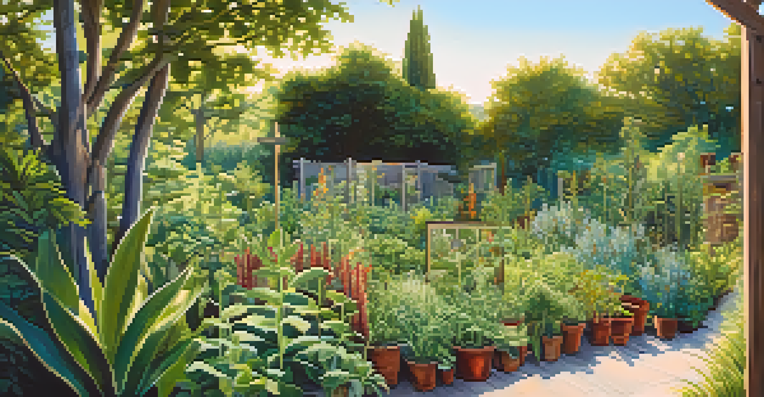 A vibrant outdoor garden filled with medicinal plants and herbs, with a wooden sign indicating the different types.