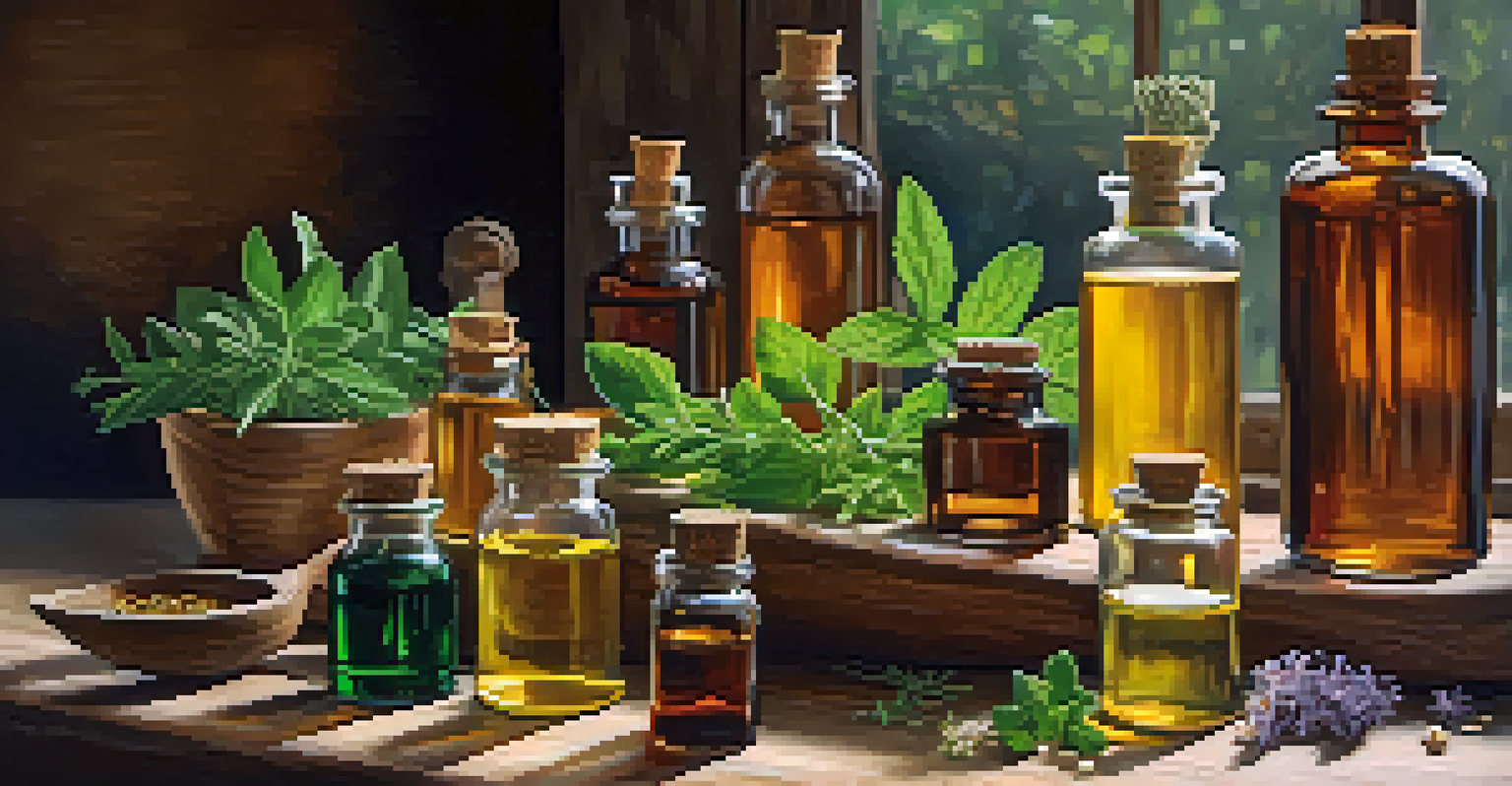 A close-up of natural remedies on a wooden table, showcasing tinctures, oils, and herbs with warm lighting.