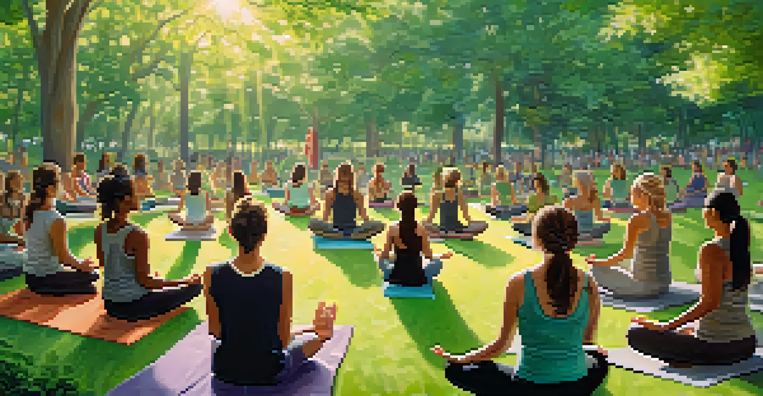A diverse group practicing yoga in a peaceful outdoor park setting, surrounded by nature.