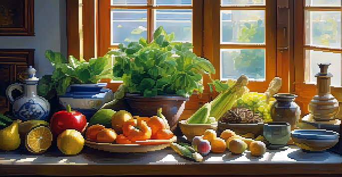 A kitchen table with fresh fruits, vegetables, herbs, and a mortar and pestle, illuminated by sunlight.