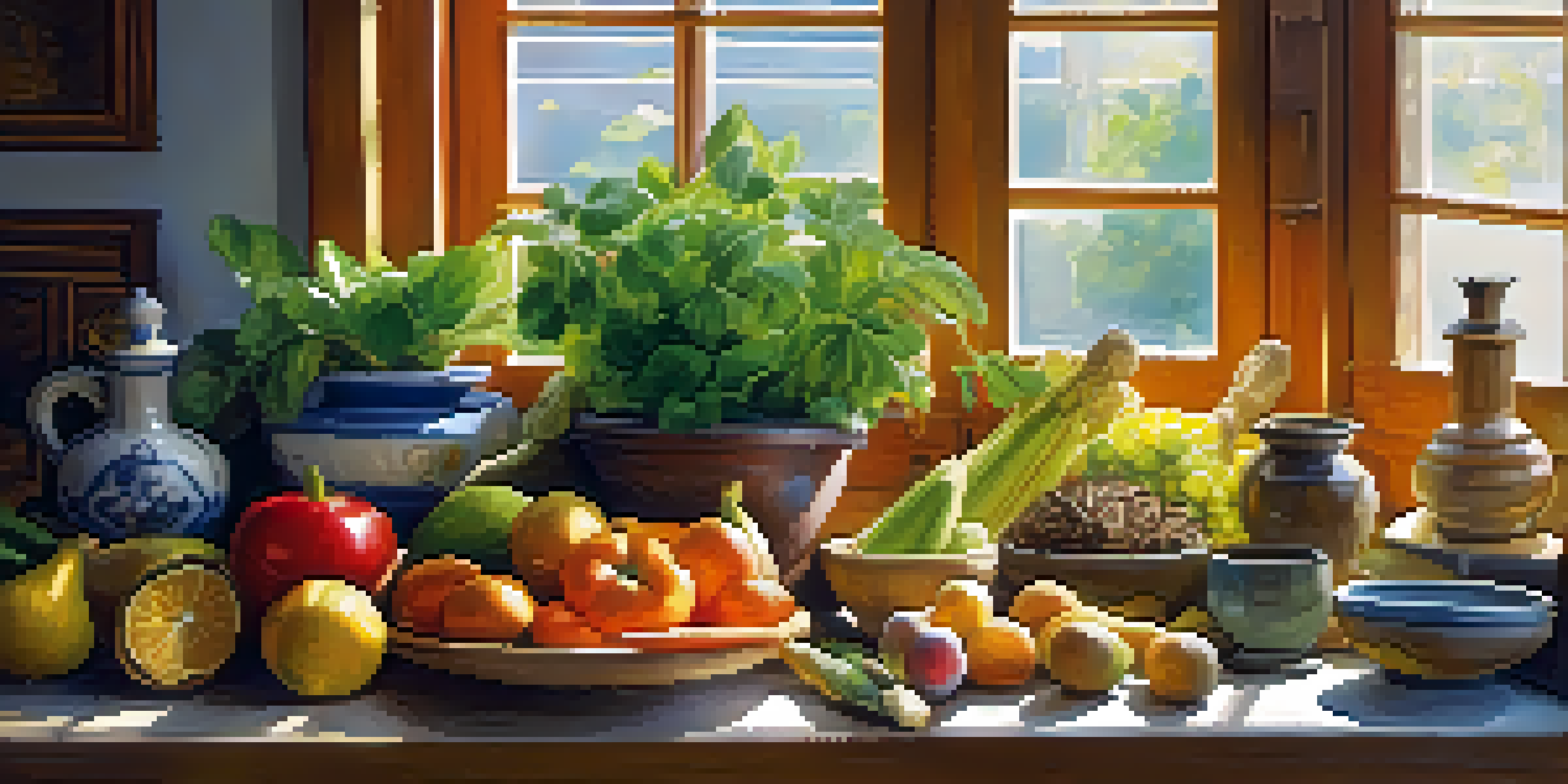 A kitchen table with fresh fruits, vegetables, herbs, and a mortar and pestle, illuminated by sunlight.
