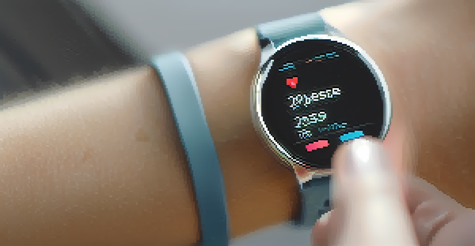 A close-up of a smartwatch on a wrist showing health metrics, with a blurred background and a hand holding a fresh apple.