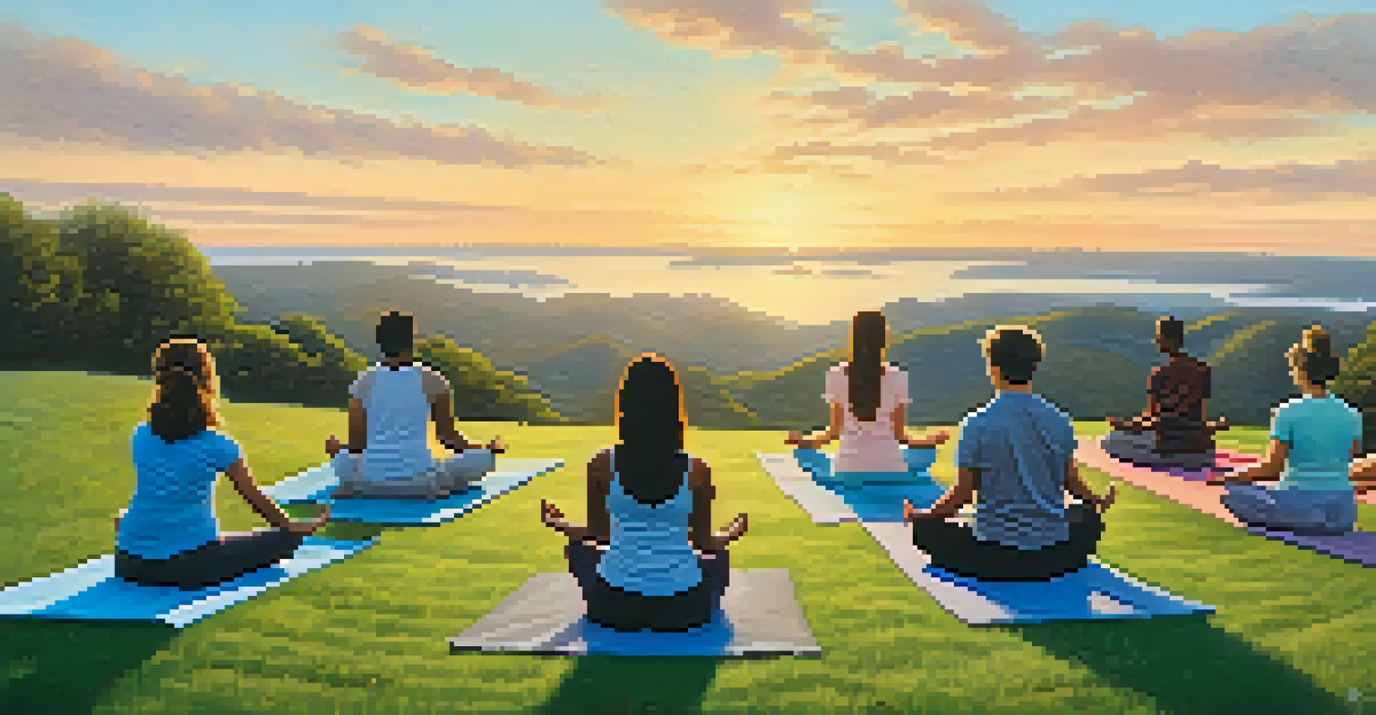A group of people practicing yoga on a hilltop during sunrise, surrounded by nature and soft pastel skies.