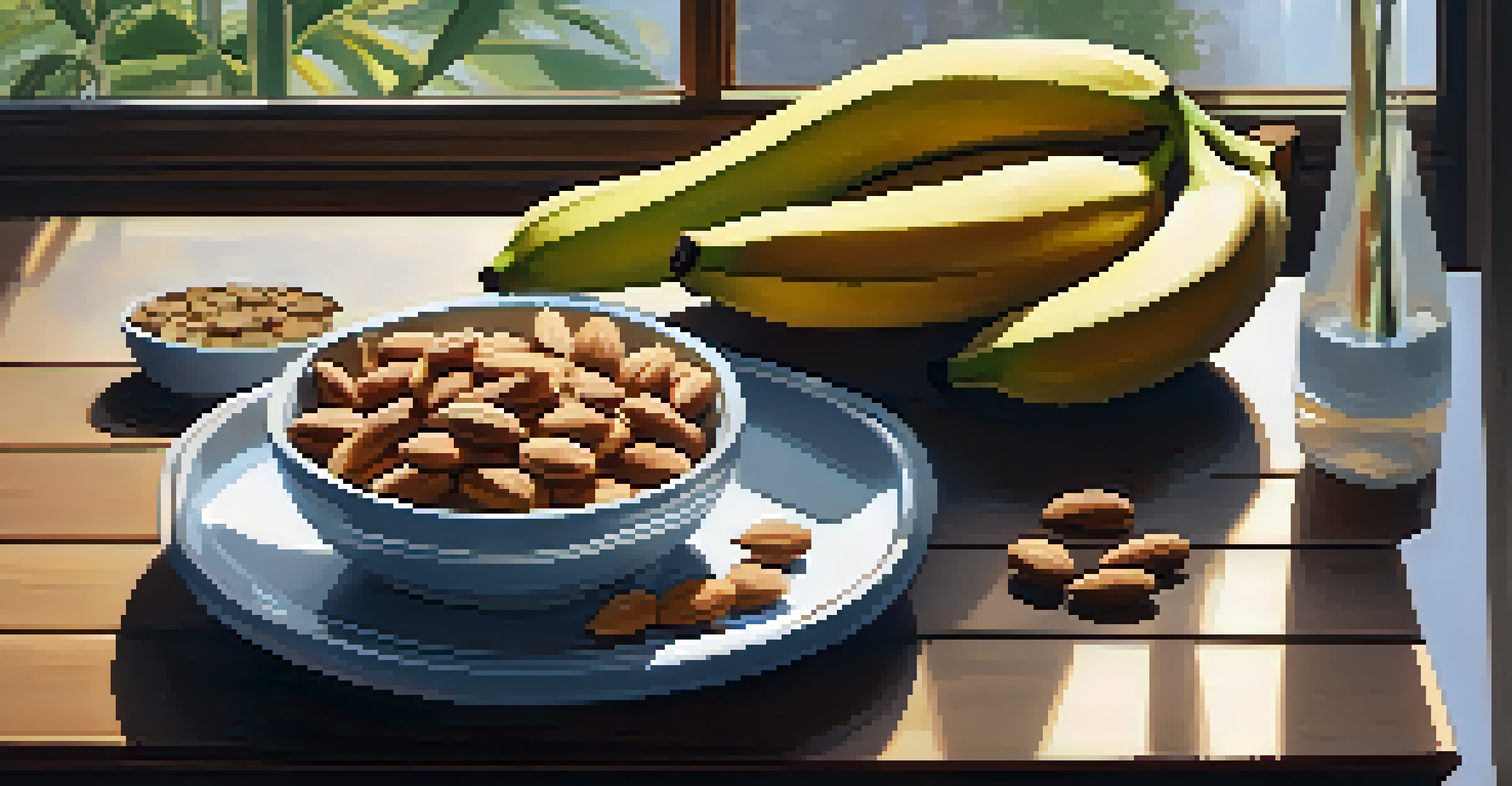 A healthy snack of sliced bananas and almonds on a wooden table, with a glass of water in soft natural light, ideal for promoting better sleep.