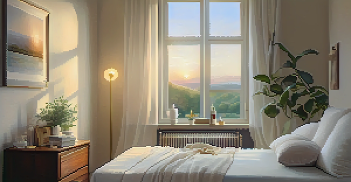 A cozy bedroom with a bed and calming decor, sunlight streaming through a window, and supplements on a bedside table.