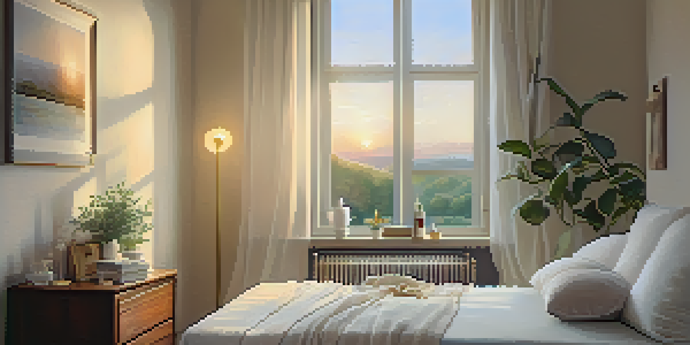 A cozy bedroom with a bed and calming decor, sunlight streaming through a window, and supplements on a bedside table.