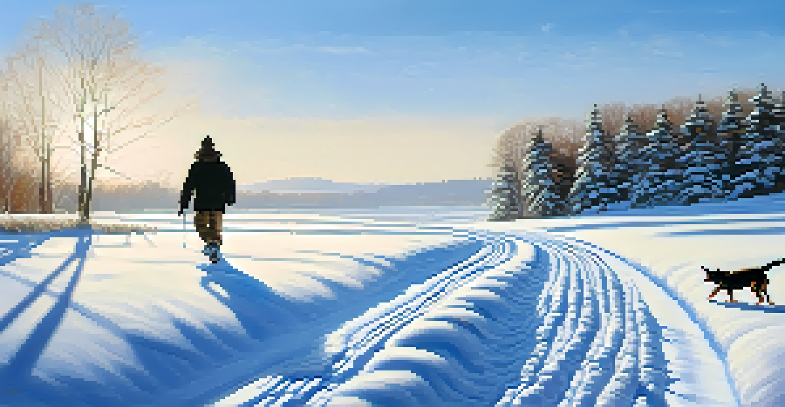 A bright winter landscape with a clear sky, snow-covered field, and a person walking their dog.