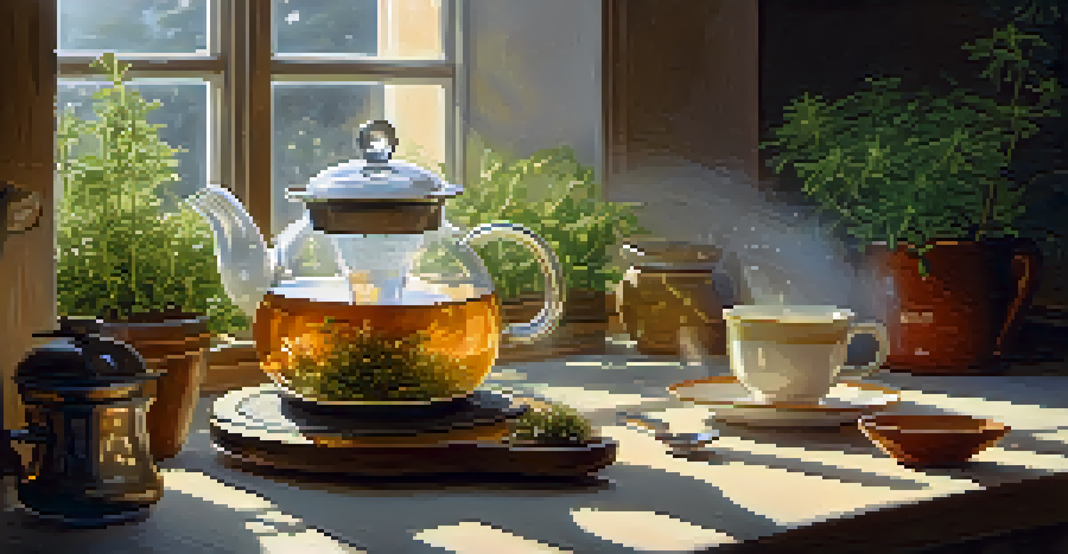 A cozy kitchen with a person making herbal tea, pouring hot water over chamomile, with sunlight pouring in and fresh herbs on the counter.