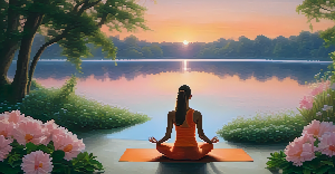 A person practicing yoga at sunrise in a beautiful landscape surrounded by nature.