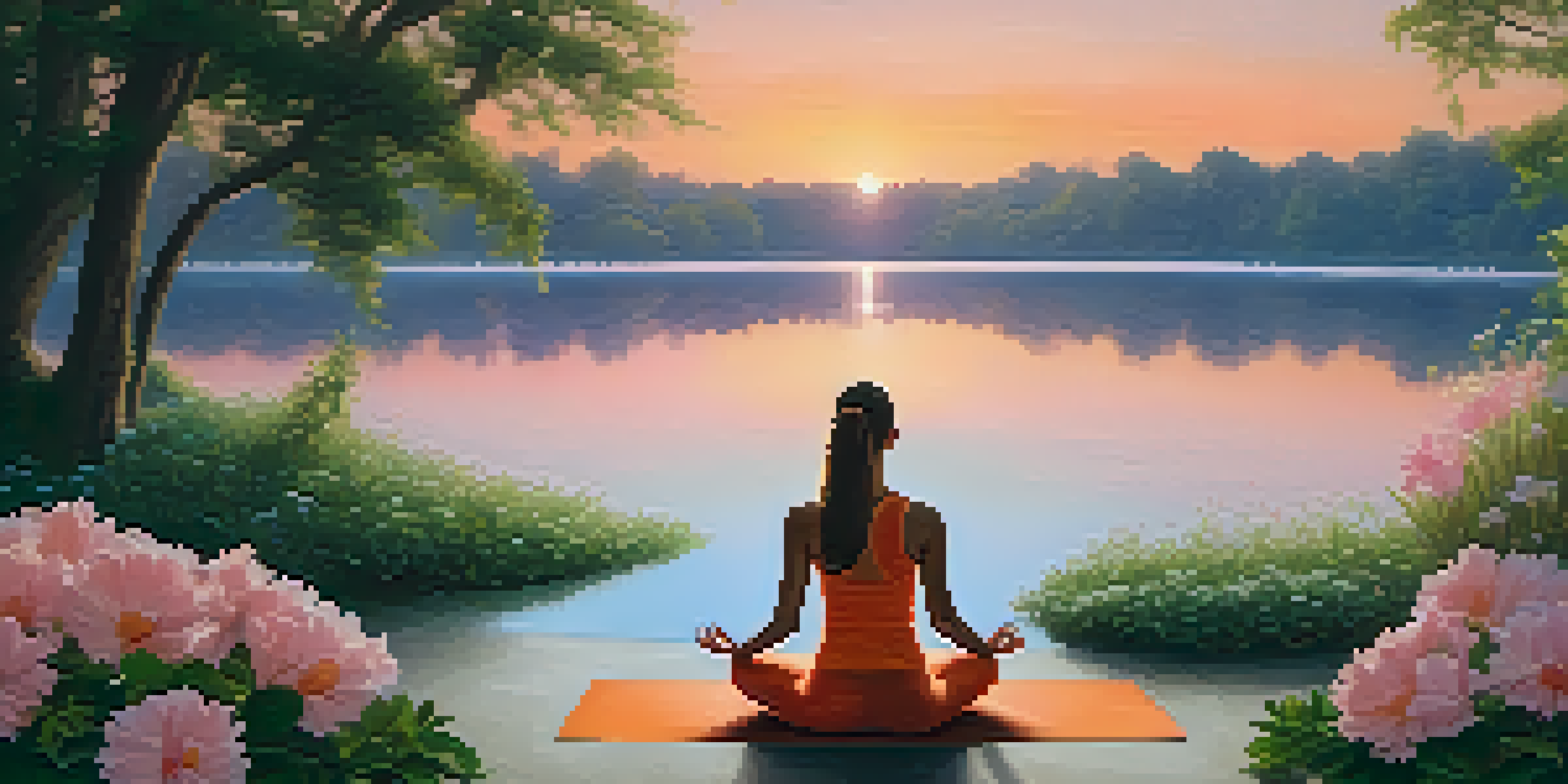 A person practicing yoga at sunrise in a beautiful landscape surrounded by nature.