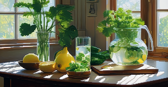 A peaceful kitchen with fresh fruits, greens, and infused water on a wooden table, illuminated by soft morning light.