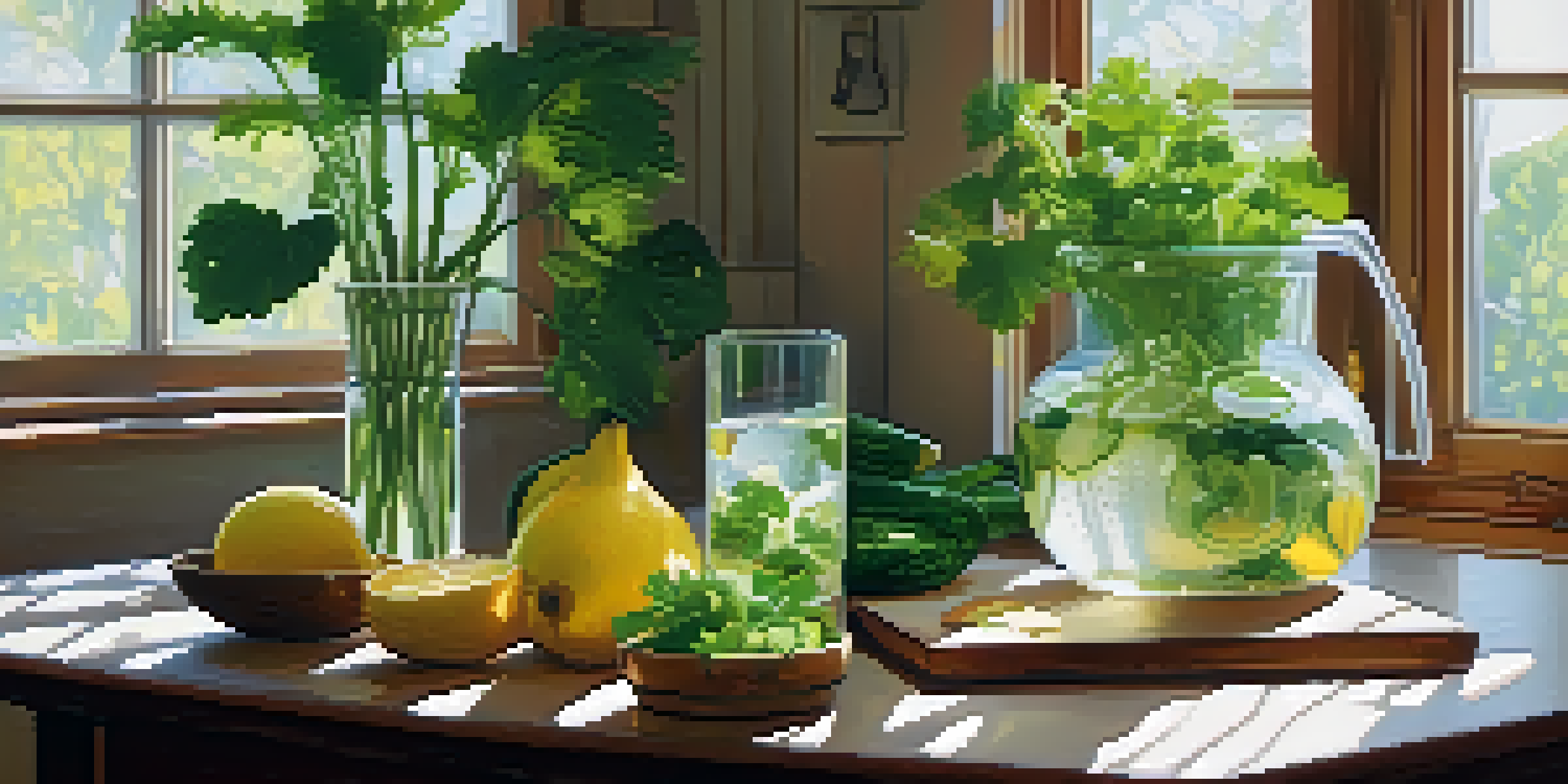 A peaceful kitchen with fresh fruits, greens, and infused water on a wooden table, illuminated by soft morning light.