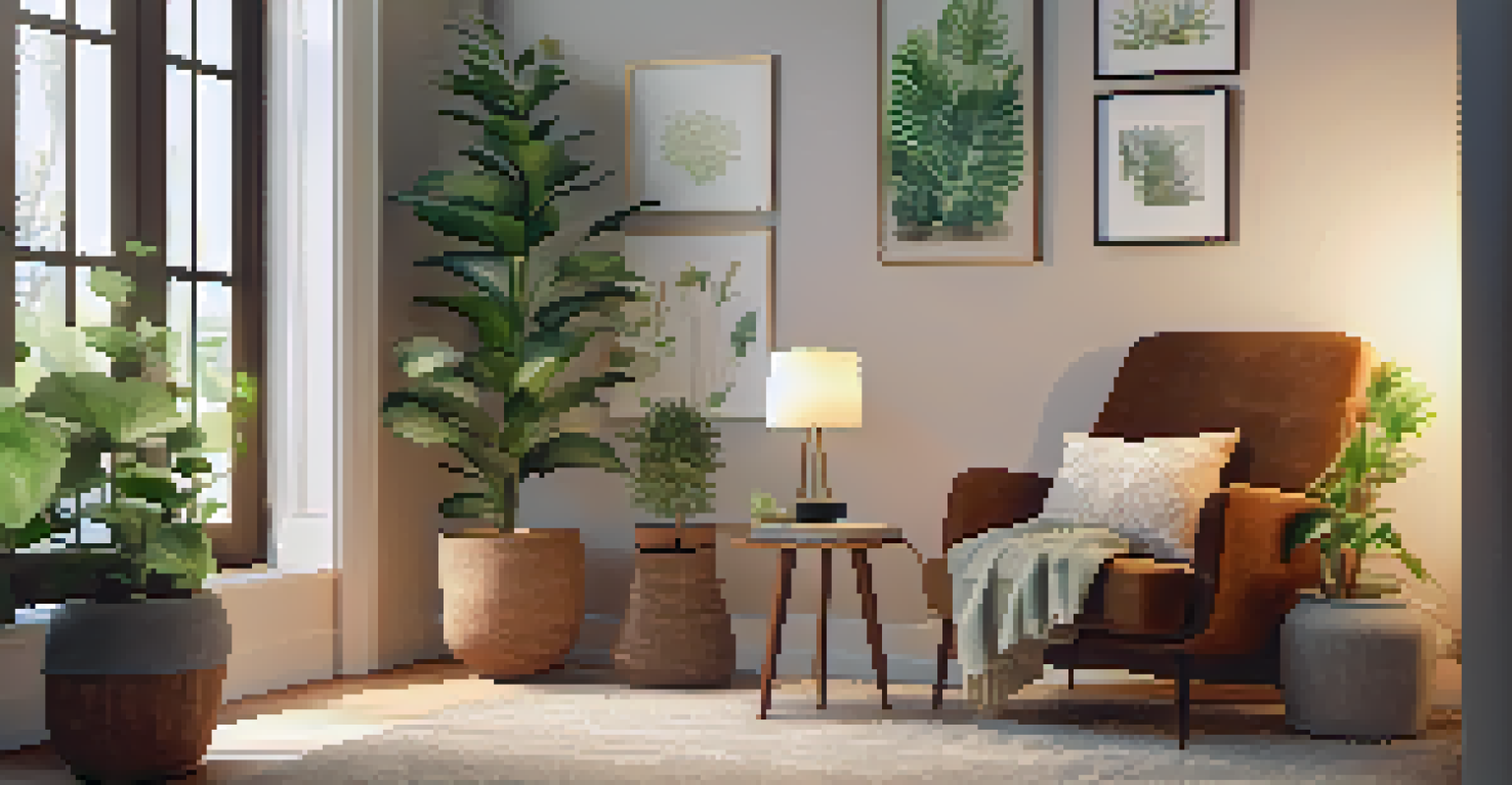 A cozy living space with a chair, journal, and houseplants, creating a calming atmosphere for mindfulness.