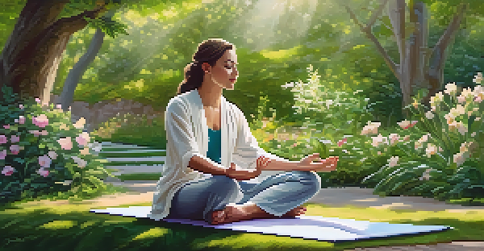 A naturopathic practitioner and a patient meditating together in a peaceful garden.