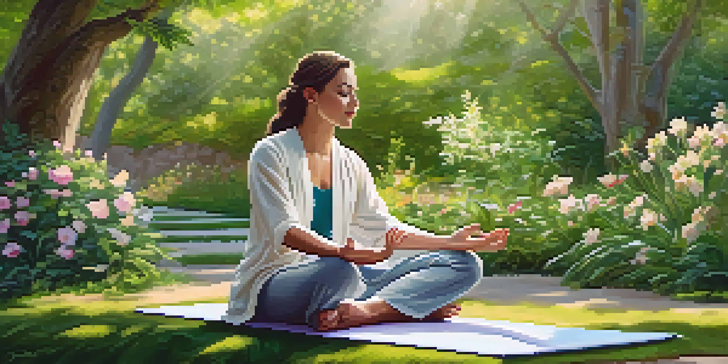 A naturopathic practitioner and a patient meditating together in a peaceful garden.